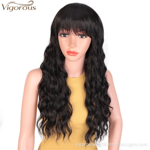 Vigorous Body Wave Synthetic Wigs with Hair Bangs Heat Resistant Fiber Long Wavy Wigs Black Women African American Wigs